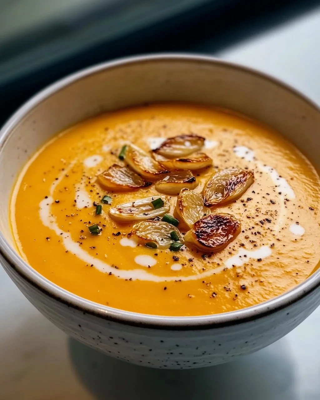 Aromatische Hokkaido Kürbissuppe mit geröstetem Knoblauchöl