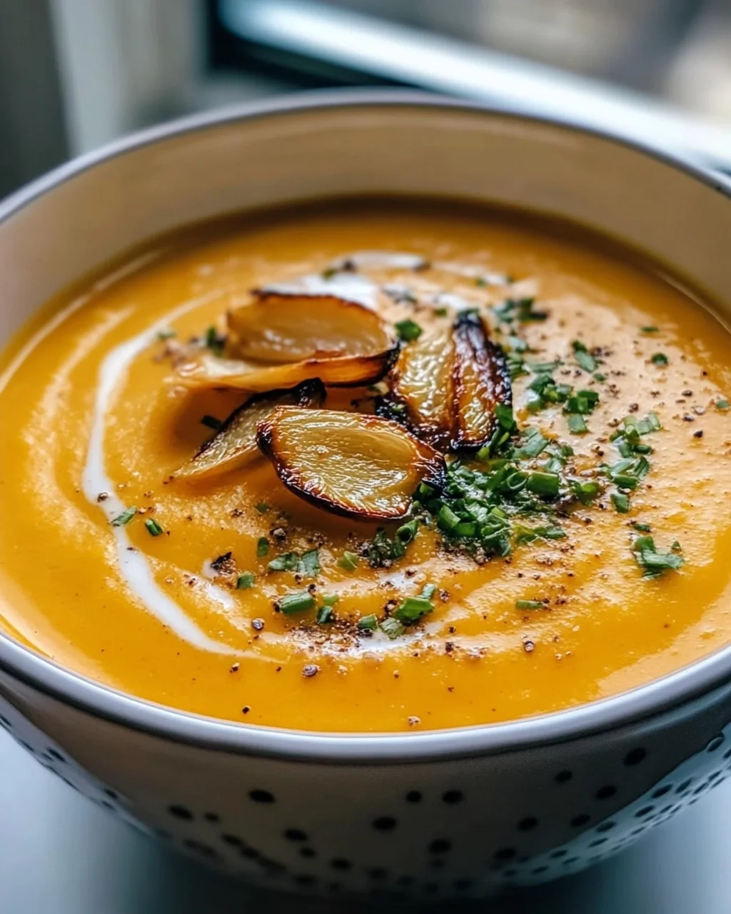 Aromatische Hokkaido Kürbissuppe mit geröstetem Knoblauchöl