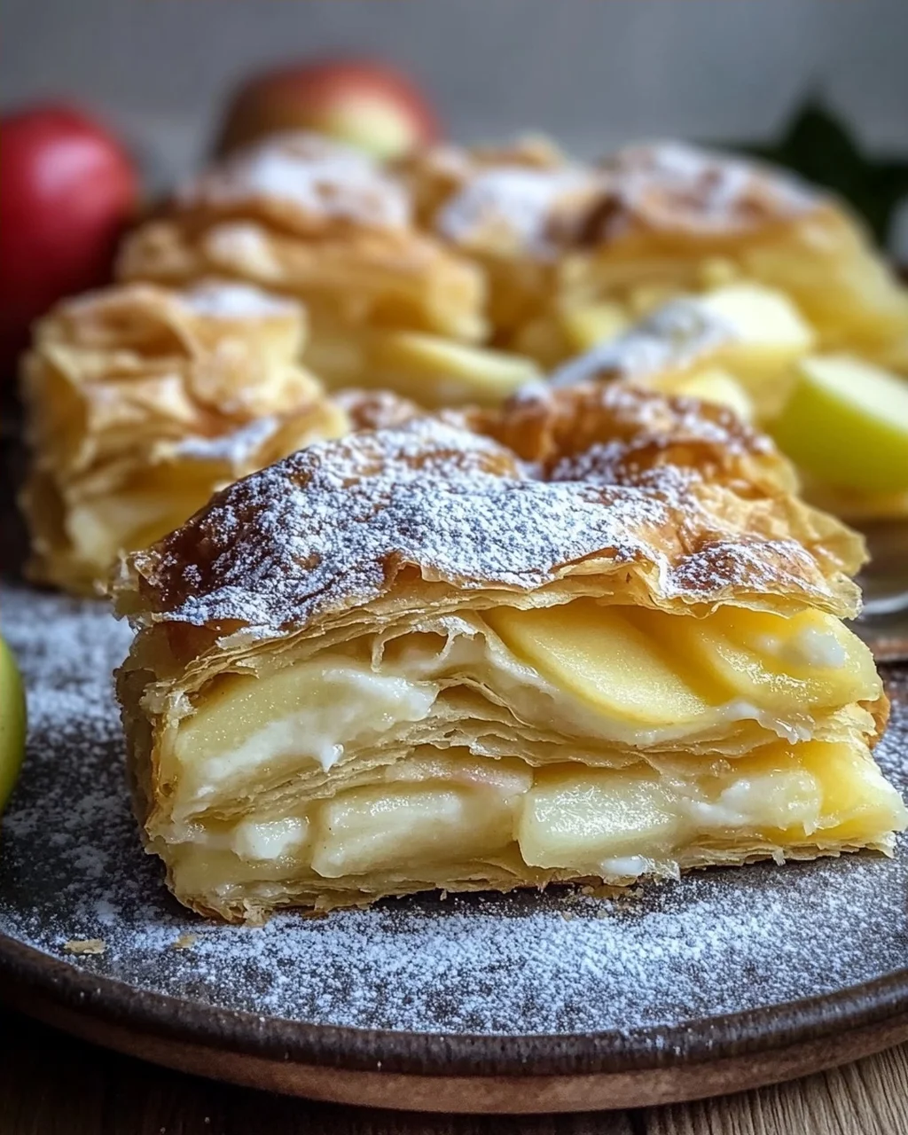 Blätterteigkuchen mit Puddingcreme und Apfel