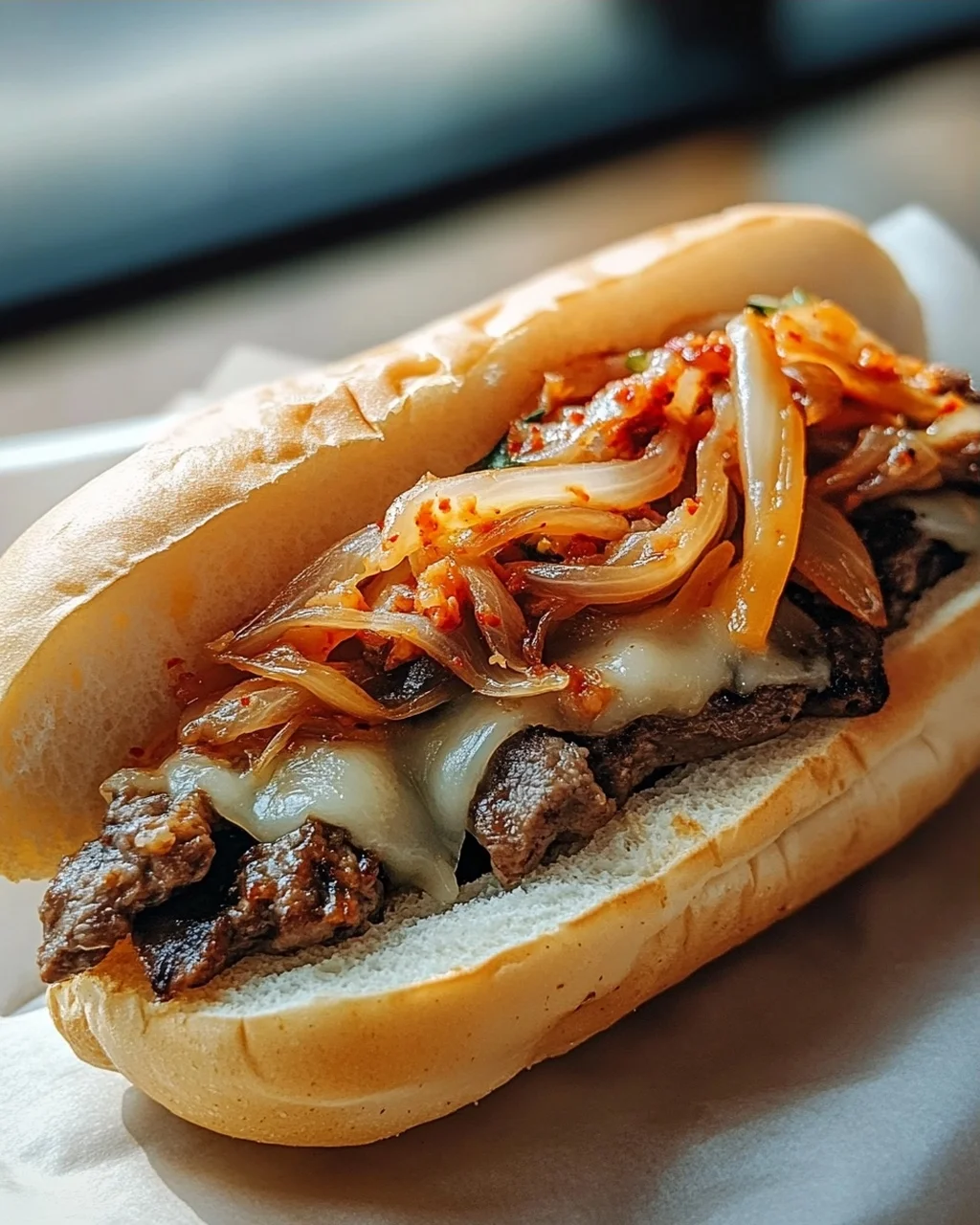 Bulgogi Cheesesteak auf dem Blech mit karamellisierten Zwiebeln