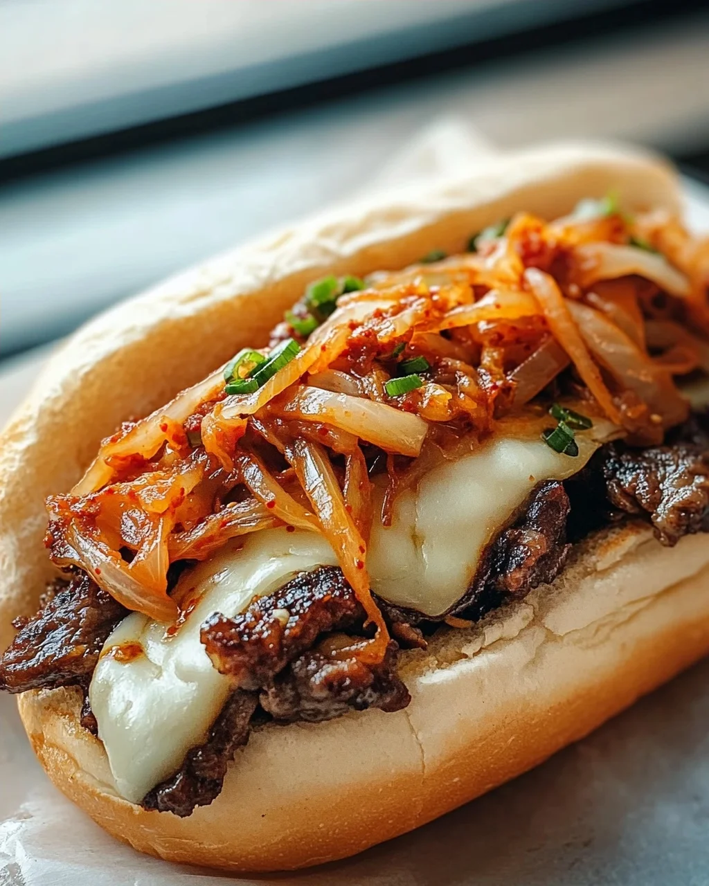 Bulgogi Cheesesteak auf dem Blech mit karamellisierten Zwiebeln