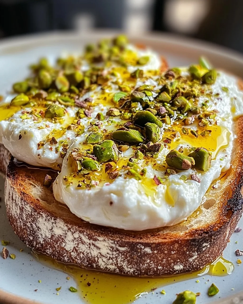 Burrata-Toast mit Pistazien und heißem Honig