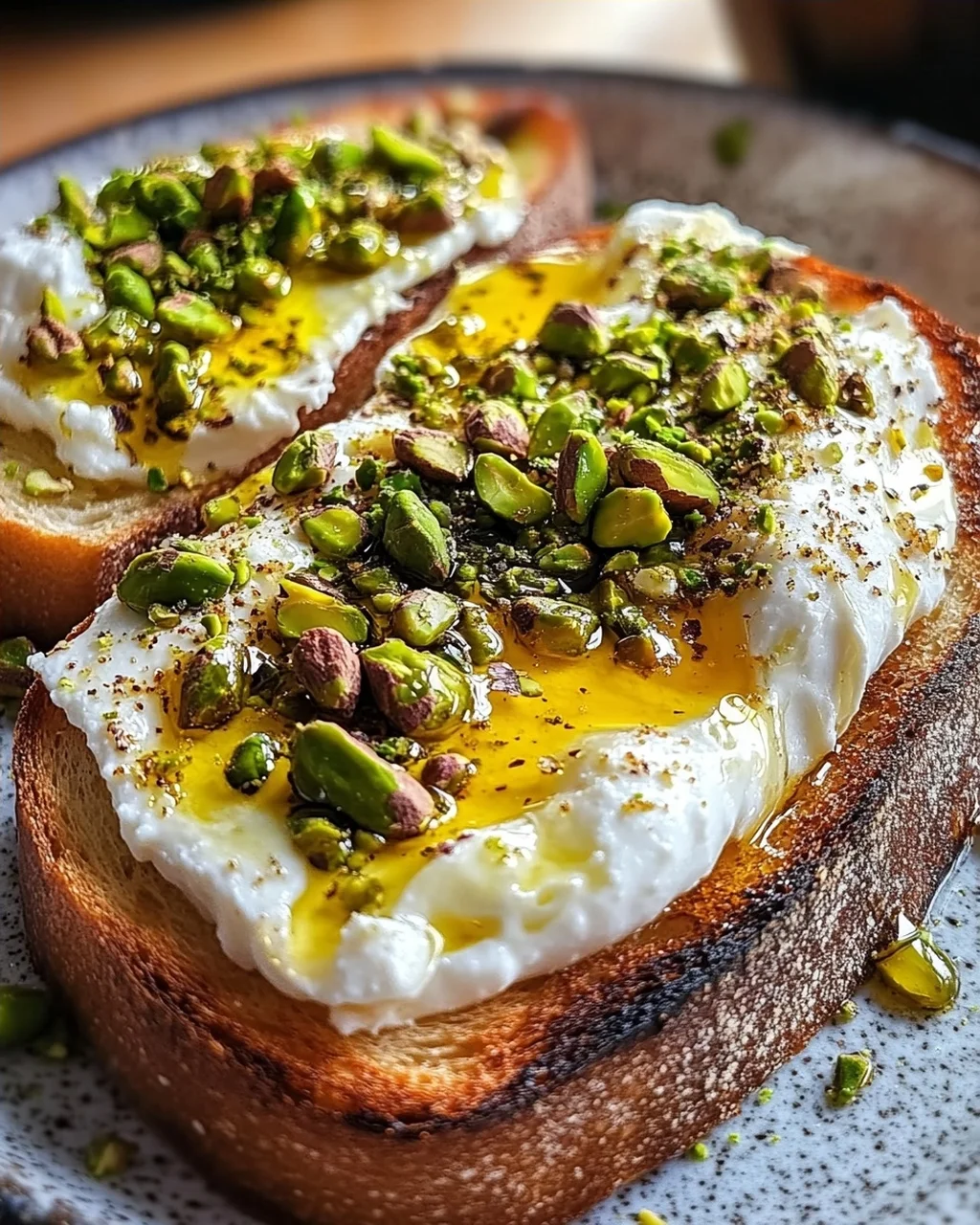 Burrata-Toast mit Pistazien und heißem Honig