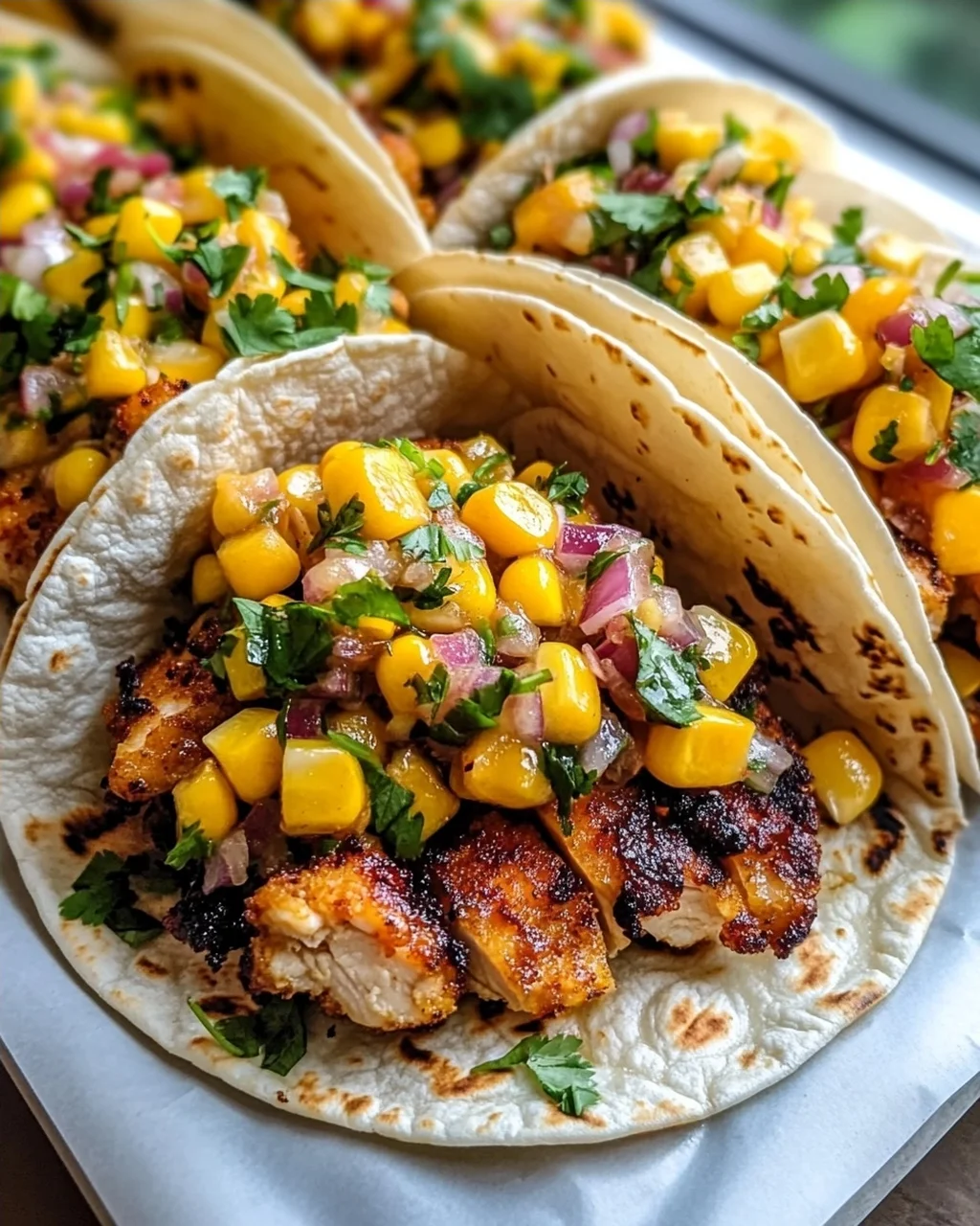 Crispy Maple Chili Chicken Tacos mit Mango-Mais-Salsa Rezept
