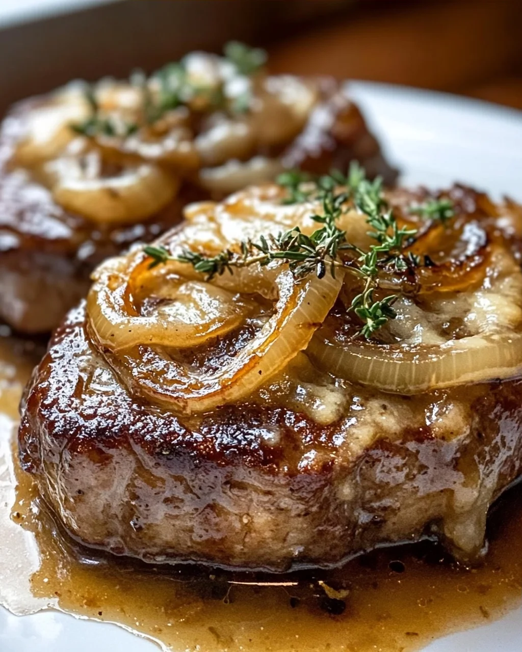 Französische Zwiebel-Rinderkoteletts mit karamellisierter Zwiebelsoße