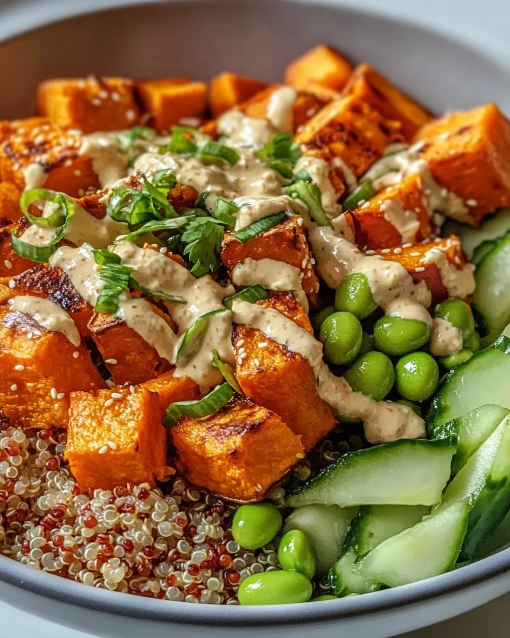 Gerösteter Süßkartoffel Quinoa Salat mit Sesam-Miso Sauce