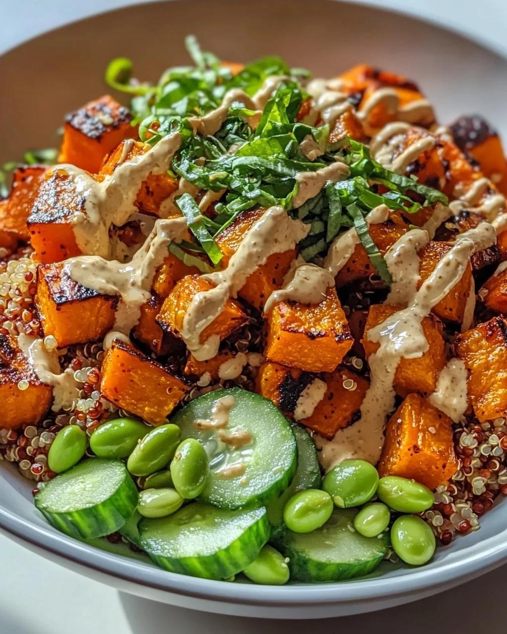 Gerösteter Süßkartoffel Quinoa Salat mit Sesam-Miso Sauce