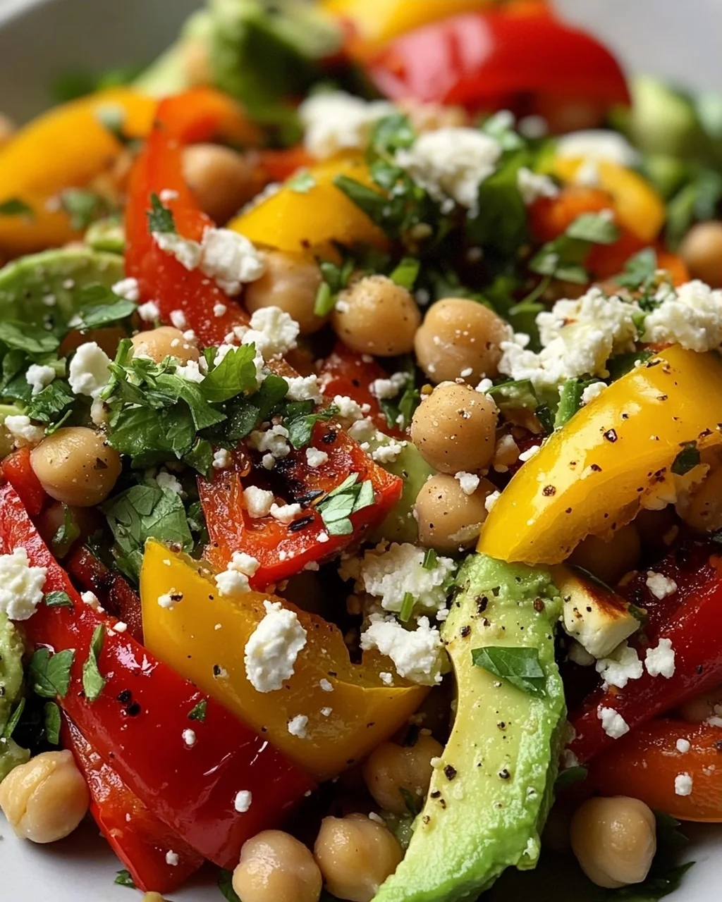 Kichererbsen-Feta-Avocado-Salat mit gerösteten Paprika