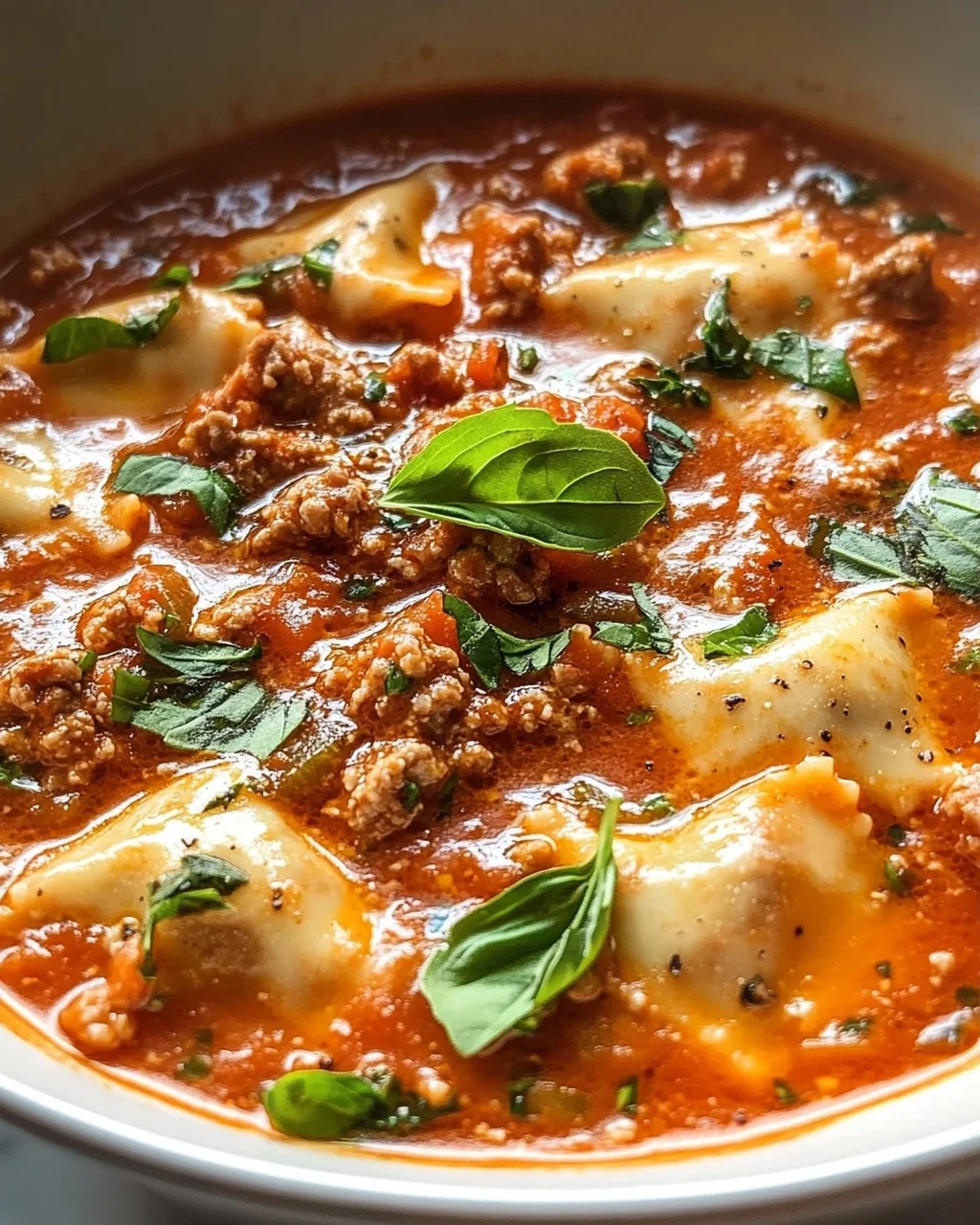 Pizzasuppe mit Hackfleisch & Ravioli in Tomatensahne-Sauce