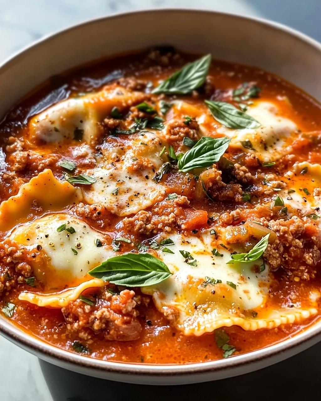 Pizzasuppe mit Hackfleisch & Ravioli in Tomatensahne-Sauce