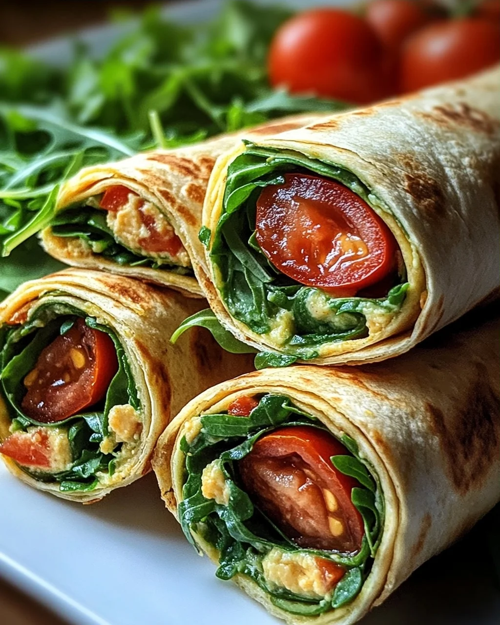 Vegetarische Wrap-Röllchen mit Rucola und Tomaten