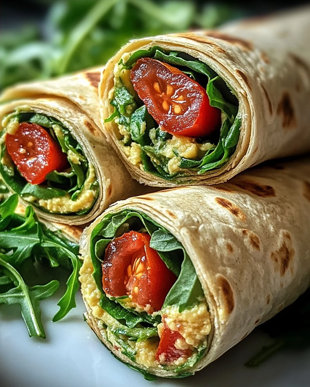 Vegetarische Wrap-Röllchen mit Rucola und Tomaten