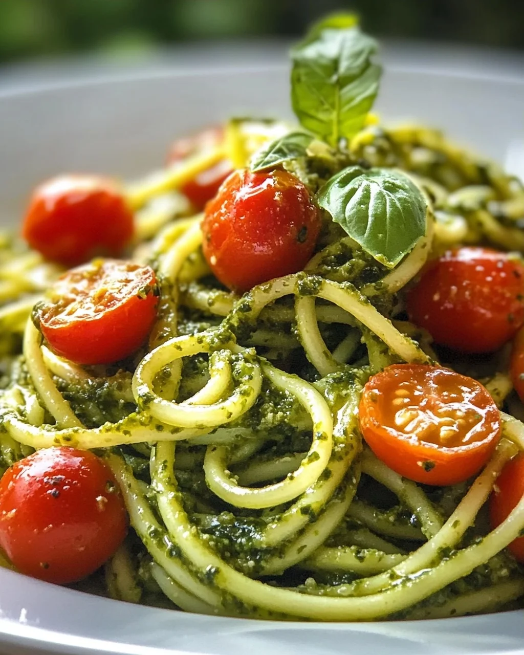 Zucchini Spaghetti mit Pesto & süßen Kirschtomaten – leicht & lecker!