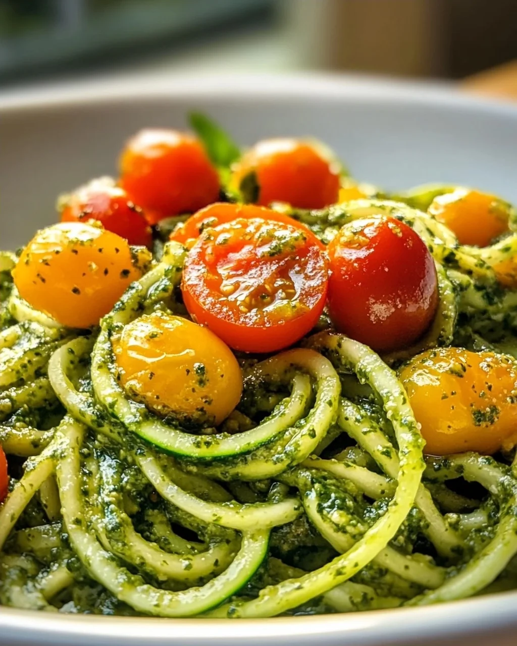Zucchini Spaghetti mit Pesto & süßen Kirschtomaten – leicht & lecker!